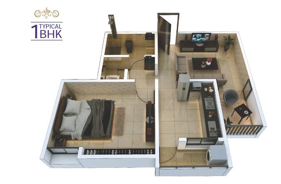 Floor plan of 1 BHK 514 Sq. Ft. Apartment in Rainbow Blue Roof Sera, Pune
