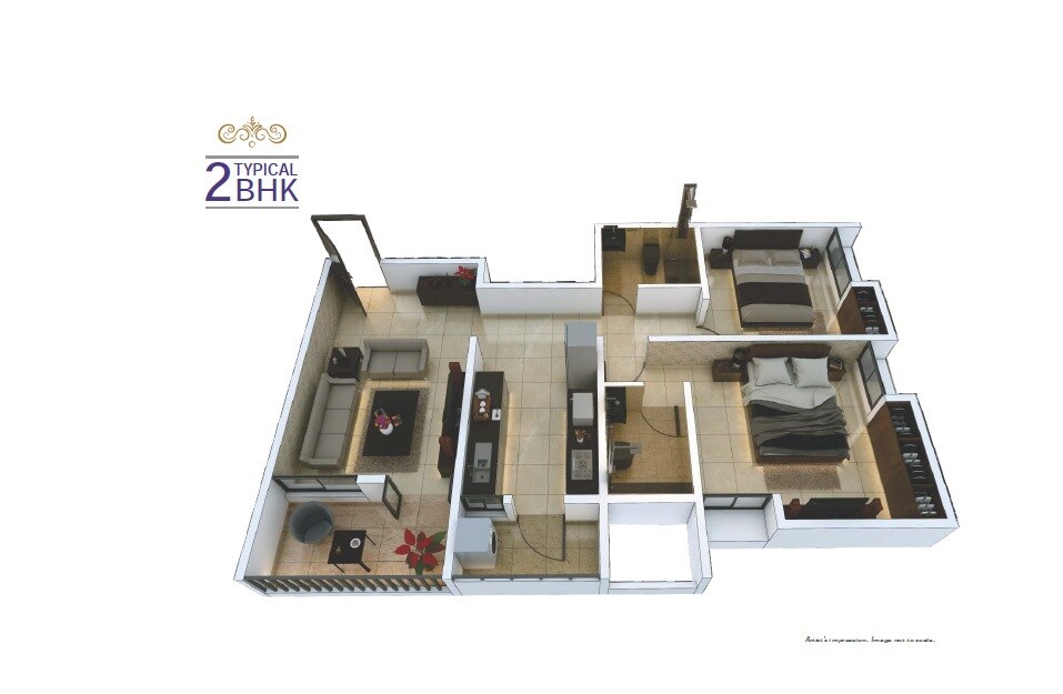 Floor plan of 2 BHK 757 Sq. Ft. Apartment in Rainbow Blue Roof Sera, Pune