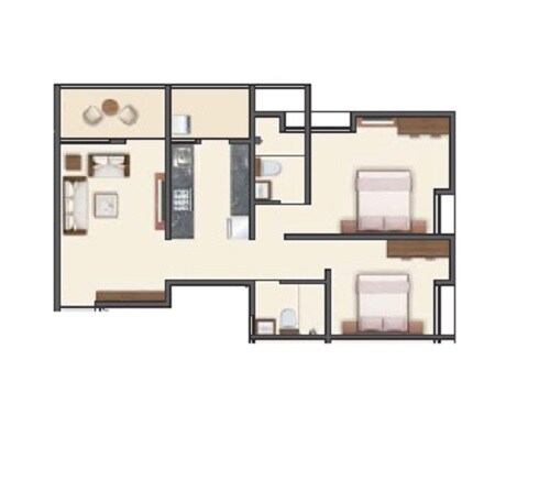 Floor plan of 2 BHK 791 Sq. Ft. Apartment in Rainbow Blue Roof Sera, Pune