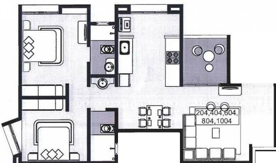 Floor plan of 2 BHK 718 Sq. Ft. Apartment in Rainbow Revell Orchid, Pune