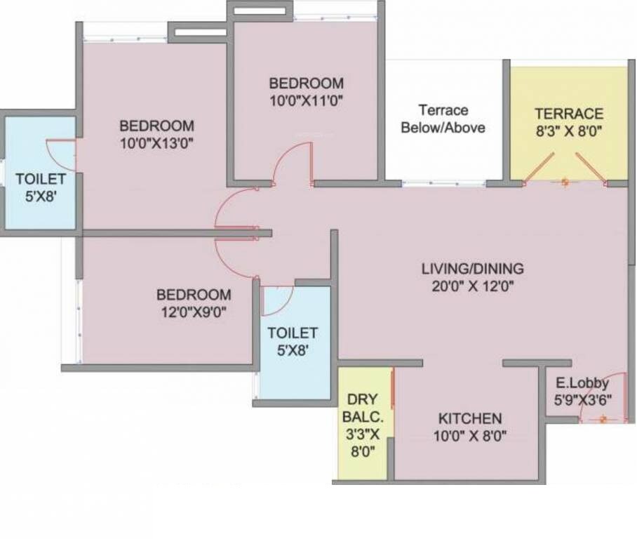 Floor plan of 3 BHK 961 Sq. Ft. Apartment in Rainbow Revell Orchid, Pune
