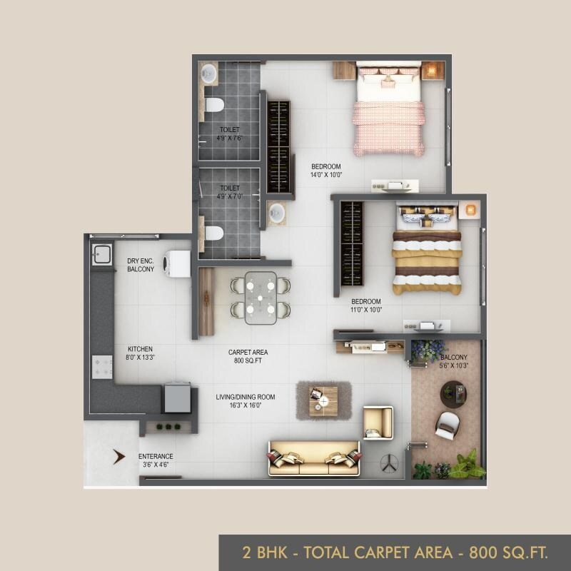 Floor plan of 2 BHK 800 Sq. Ft. Apartment in Rainbow Sunrise Tower, Pune
