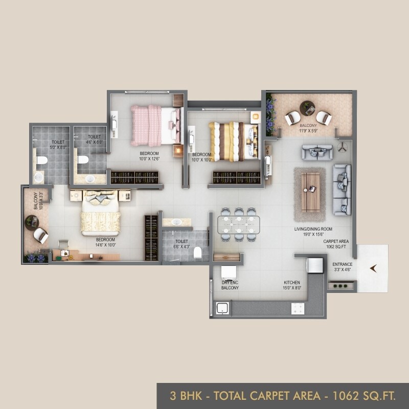 Floor plan of 3 BHK 1062 Sq. Ft. Apartment in Rainbow Sunrise Tower, Pune