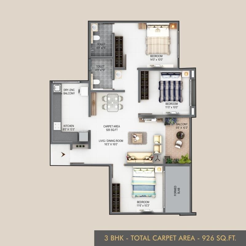 Floor plan of 3 BHK 926 Sq. Ft. Apartment in Rainbow Sunrise Tower, Pune