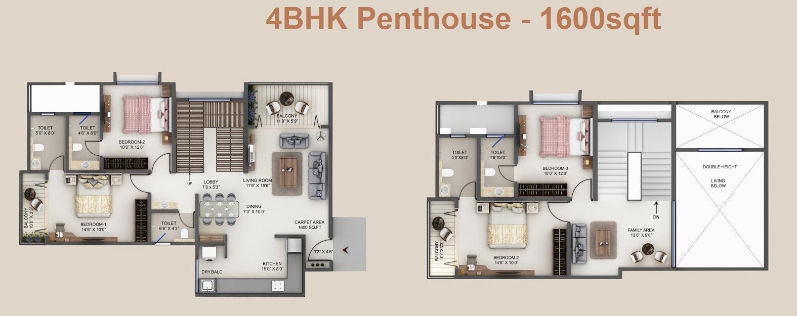 Floor plan of 4 BHK 1600 Sq. Ft. Penthouse in Rainbow Sunrise Tower, Pune