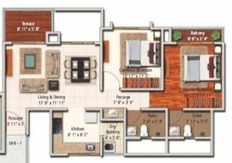 Floor plan of 2 BHK 826 Sq. Ft. Apartment in Raja Pittie Kourtyard, Pune