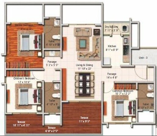 Floor plan of 3 BHK 1217 Sq. Ft. Apartment in Raja Pittie Kourtyard, Pune
