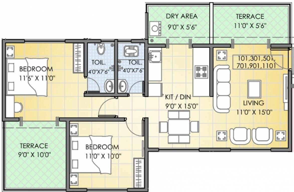 Floor plan of 2 BHK 815 Sq. Ft. Apartment in RajHeramba One Hallmark Avenue, Pune