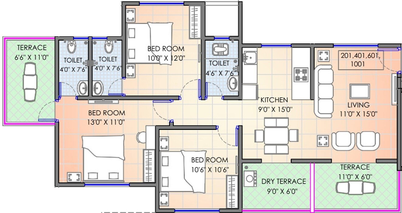 Floor plan of 3 BHK 828 Sq. Ft. Apartment in RajHeramba One Hallmark Avenue, Pune