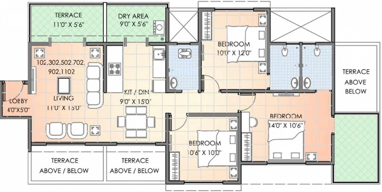 Floor plan of 3 BHK 837 Sq. Ft. Apartment in RajHeramba One Hallmark Avenue, Pune
