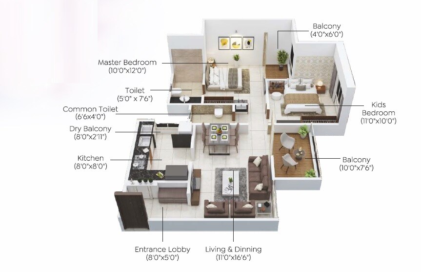 Floor plan of 2 BHK 757 Sq. Ft. Apartment in Rajluckxmi Stellar Homes Phase 1, Pune
