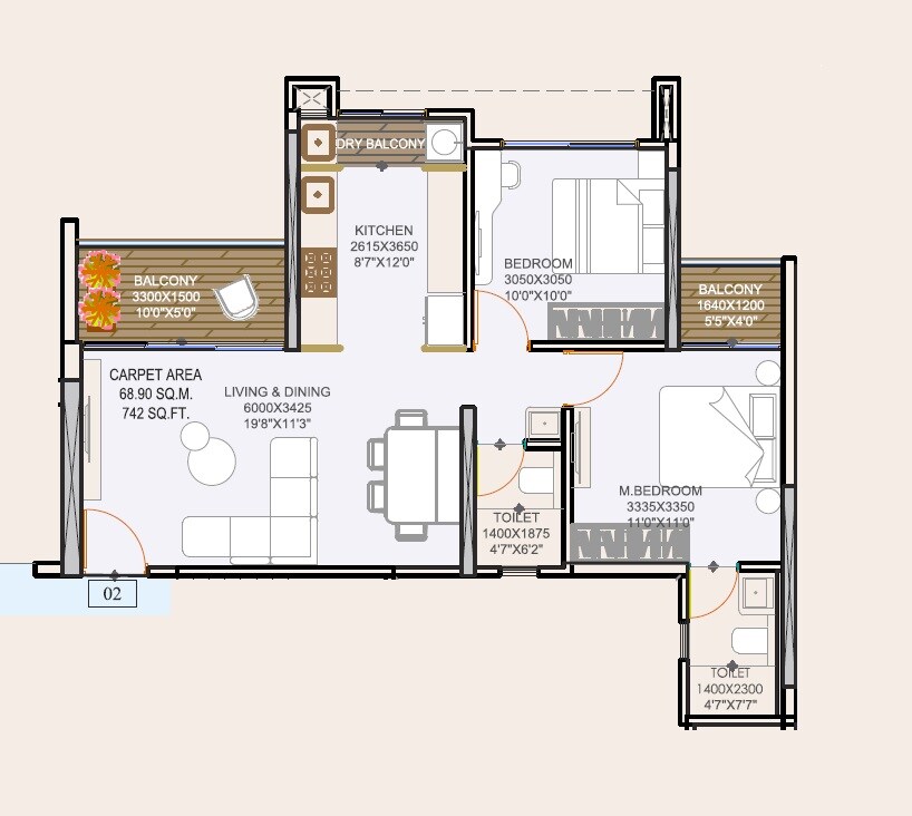 2 BHK 742 Sq. Ft. Apartment