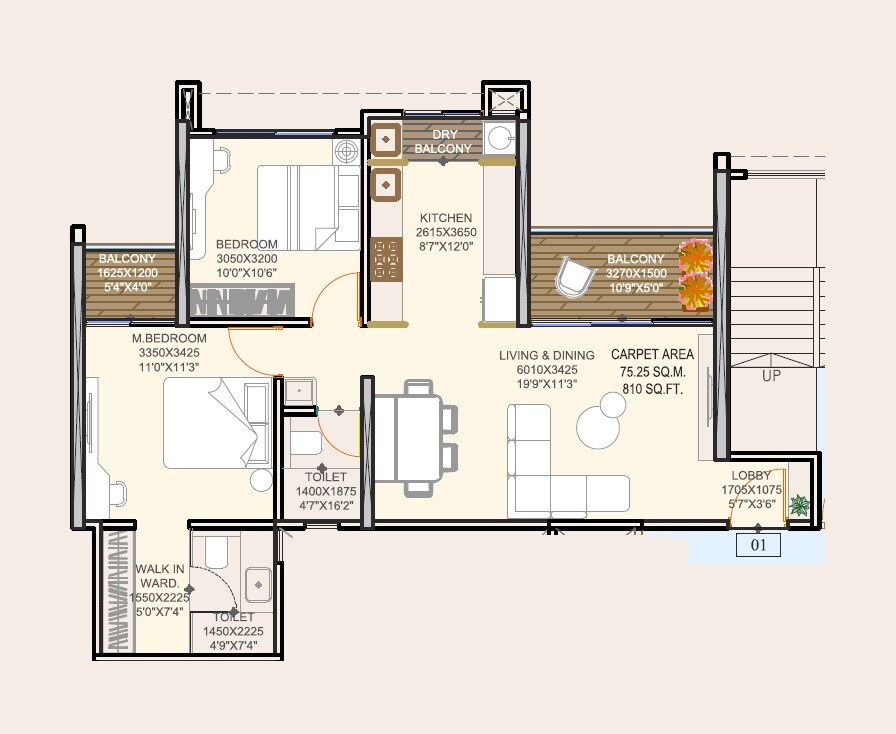 Floor plan of 2 BHK 810 Sq. Ft. Apartment in Rajluckxmi Stellar Symphony, Pune