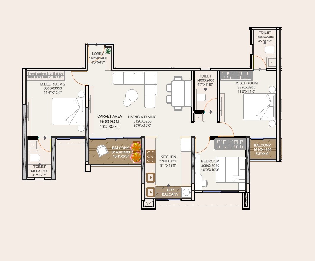 Floor plan of 3 BHK 1032 Sq. Ft. Apartment in Rajluckxmi Stellar Symphony, Pune