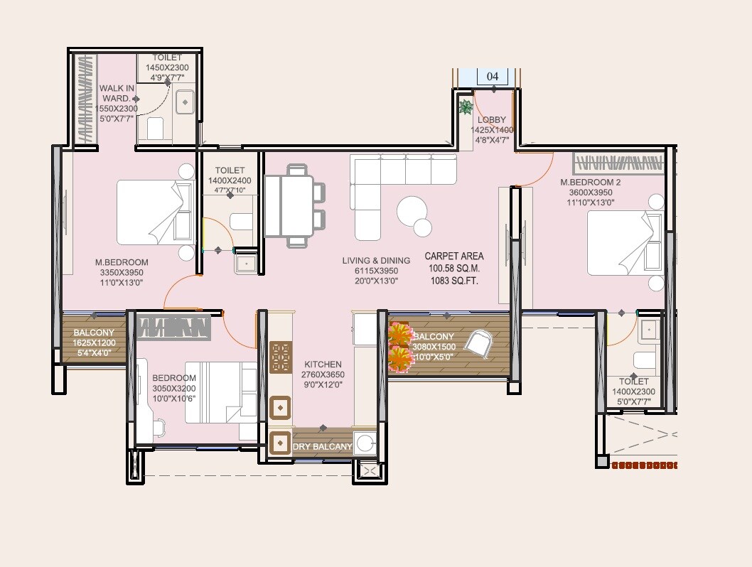 Floor plan of 3 BHK 1083 Sq. Ft. Apartment in Rajluckxmi Stellar Symphony, Pune