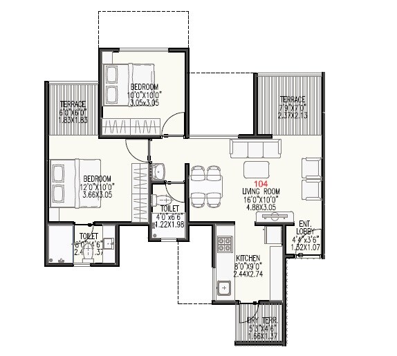 2 BHK 960 Sq. Ft. Apartment