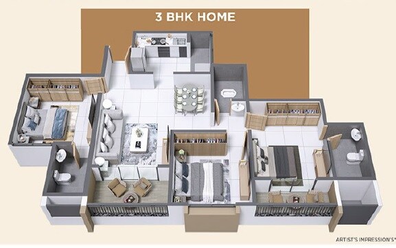 Floor plan of 3 BHK 792 Sq. Ft. Apartment in Rajshree Anantam Skyone, Pune