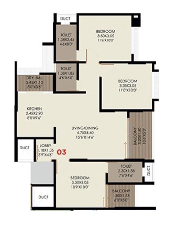 Floor plan of 3 BHK 930 Sq. Ft. Apartment in Rajshree Anantam Skyone, Pune