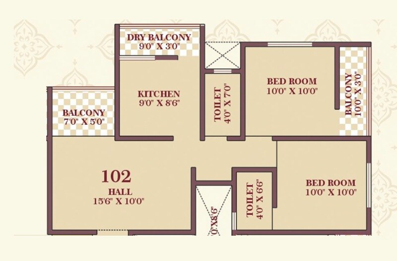 Floor plan of 2 BHK 689 Sq. Ft. Apartment in Rajveer Aspire, Pune