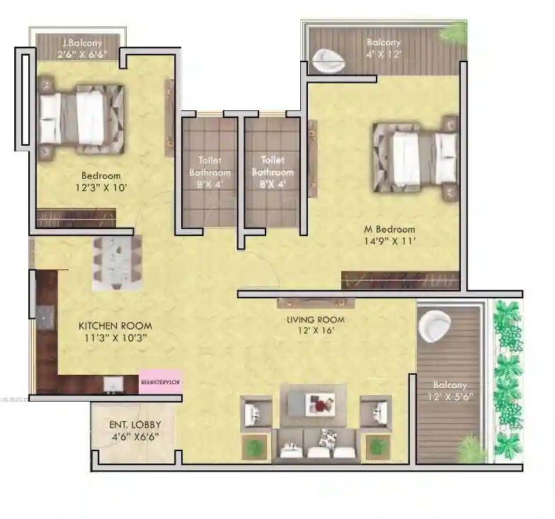 Floor plan of 2 BHK 884 Sq. Ft. Apartment in Rajveer Devanshi, Pune