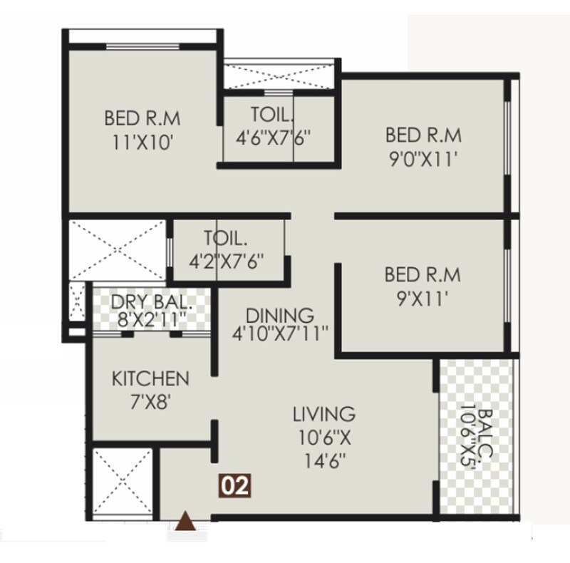 Floor plan of 3 BHK 796 Sq. Ft. Apartment in Rajyog Emerald Skies, Pune