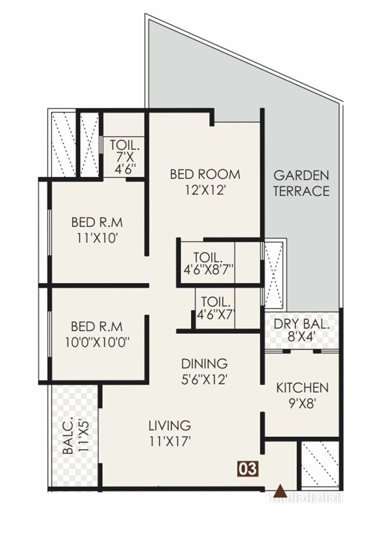 Floor plan of 3 BHK 986 Sq. Ft. Apartment in Rajyog Emerald Skies, Pune