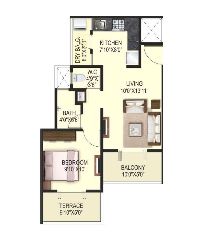 Floor plan of 1 BHK 370 Sq. Ft. Apartment in Ram Green Hive Plus, Pune