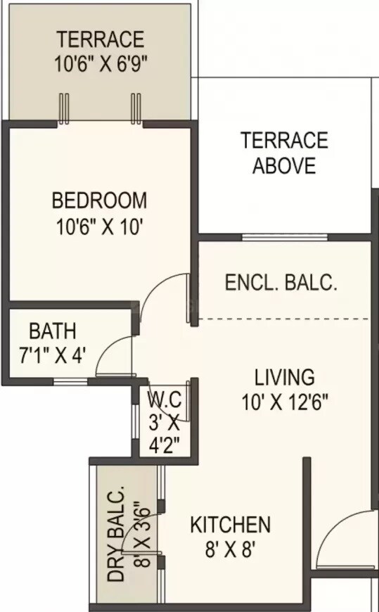 Floor plan of 1 BHK 348 Sq. Ft. Apartment in Ram Green Hive Plus, Pune