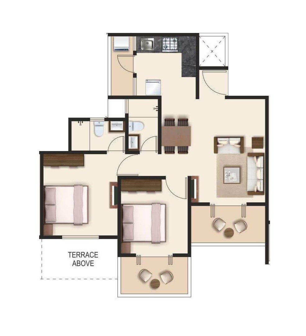 Floor plan of 2 BHK 395 Sq. Ft. Apartment in Ram Green Hive Plus, Pune