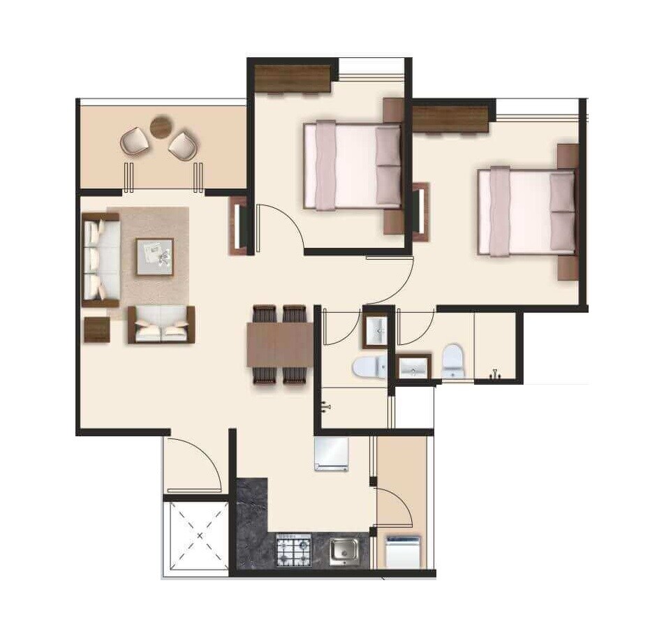 Floor plan of 2 BHK 528 Sq. Ft. Apartment in Ram Green Hive Plus, Pune