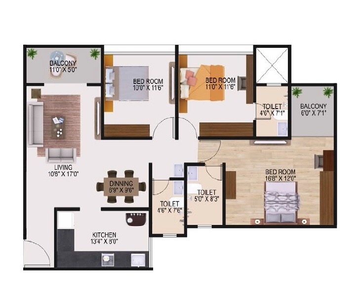 Floor plan of 3 BHK 1173 Sq. Ft. Apartment in Ram India Address One, Pune
