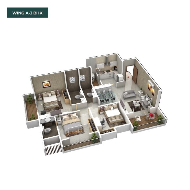 Floor plan of 3 BHK 1040 Sq. Ft. Apartment in Ram India Palm Drive, Pune