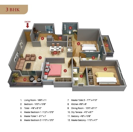 Floor plan of 3 BHK 1089 Sq. Ft. Apartment in Ram India Swastika, Pune