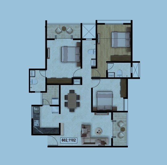 Floor plan of 3 BHK 1256 Sq. Ft. Apartment in Ram India Swastika, Pune