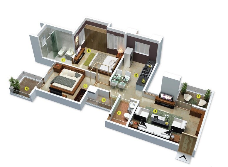 Floor plan of 2 BHK 602 Sq. Ft. Apartment in Rama Erande Hills, Pune