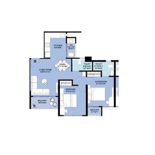 Floor plan of 2 BHK 719 Sq. Ft. Apartment in Rama Krystal One, Pune