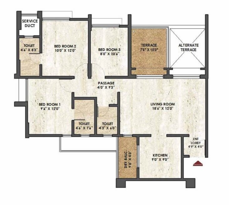 Floor plan of 3 BHK 733 Sq. Ft. Apartment in Rama Melange Residences, Pune