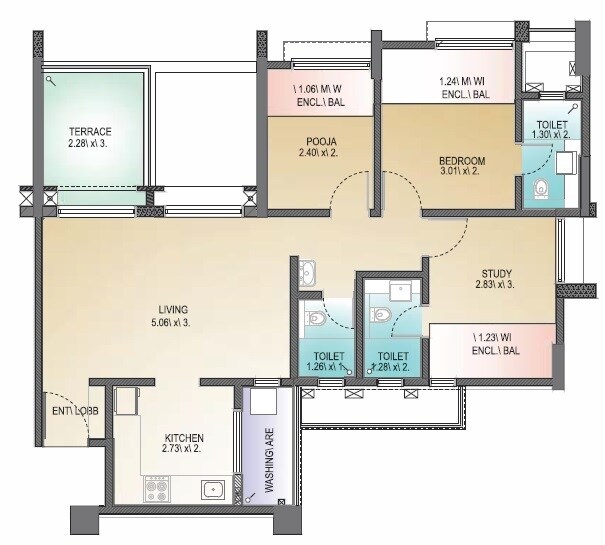 Floor plan of 2 BHK 680 Sq. Ft. Apartment in Rama Melange Residences Phase II, Pune