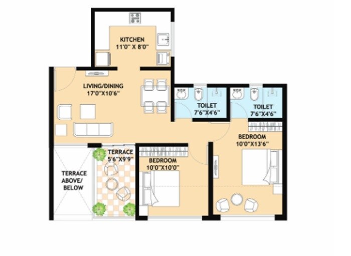 Floor plan of 2 BHK 537 Sq. Ft. Apartment in Rama Metro Life Optima, Pune