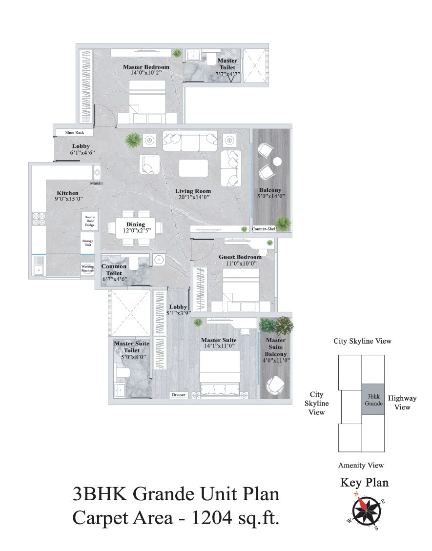Floor plan of 3 BHK 1204 Sq. Ft. Apartment in Rama Metro Life Ultima Residences, Pune