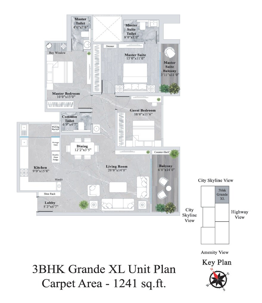Floor plan of 3 BHK 1241 Sq. Ft. Apartment in Rama Metro Life Ultima Residences, Pune