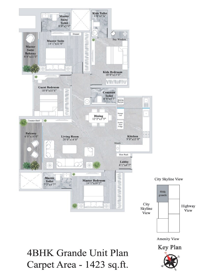 Floor plan of 4 BHK 1423 Sq. Ft. Apartment in Rama Metro Life Ultima Residences, Pune