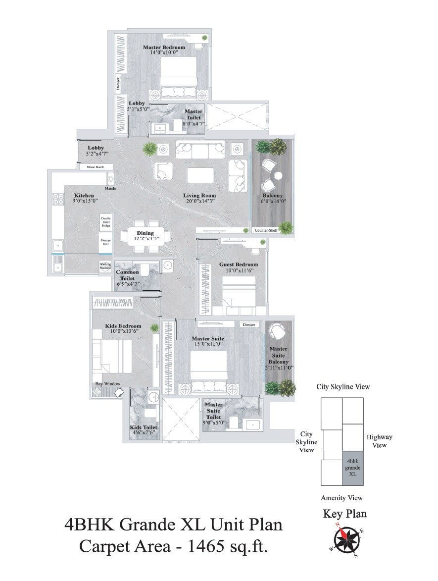 Floor plan of 4 BHK 1465 Sq. Ft. Apartment in Rama Metro Life Ultima Residences, Pune