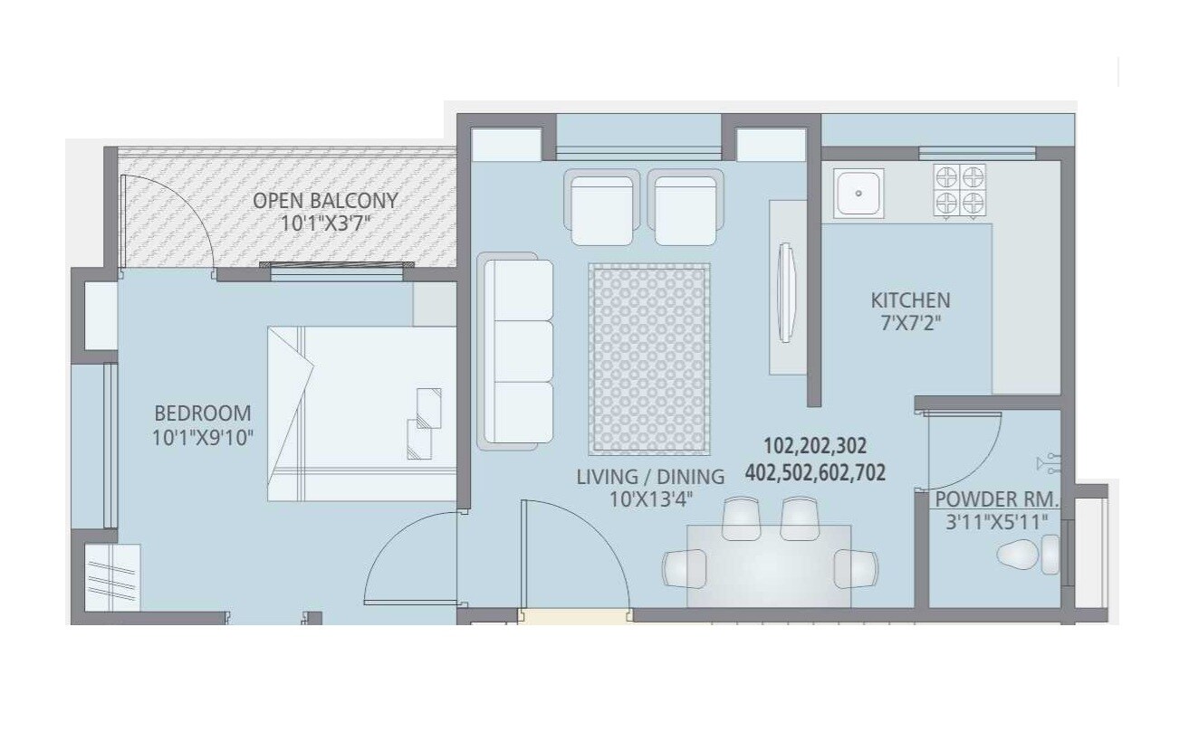 Floor plan of 1 BHK 423 Sq. Ft. Apartment in Raman Vara, Pune
