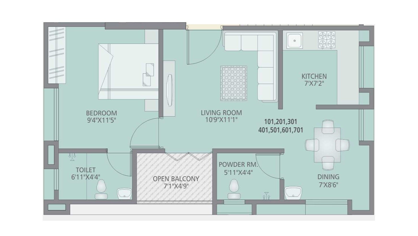 Floor plan of 1 BHK 445 Sq. Ft. Apartment in Raman Vara, Pune