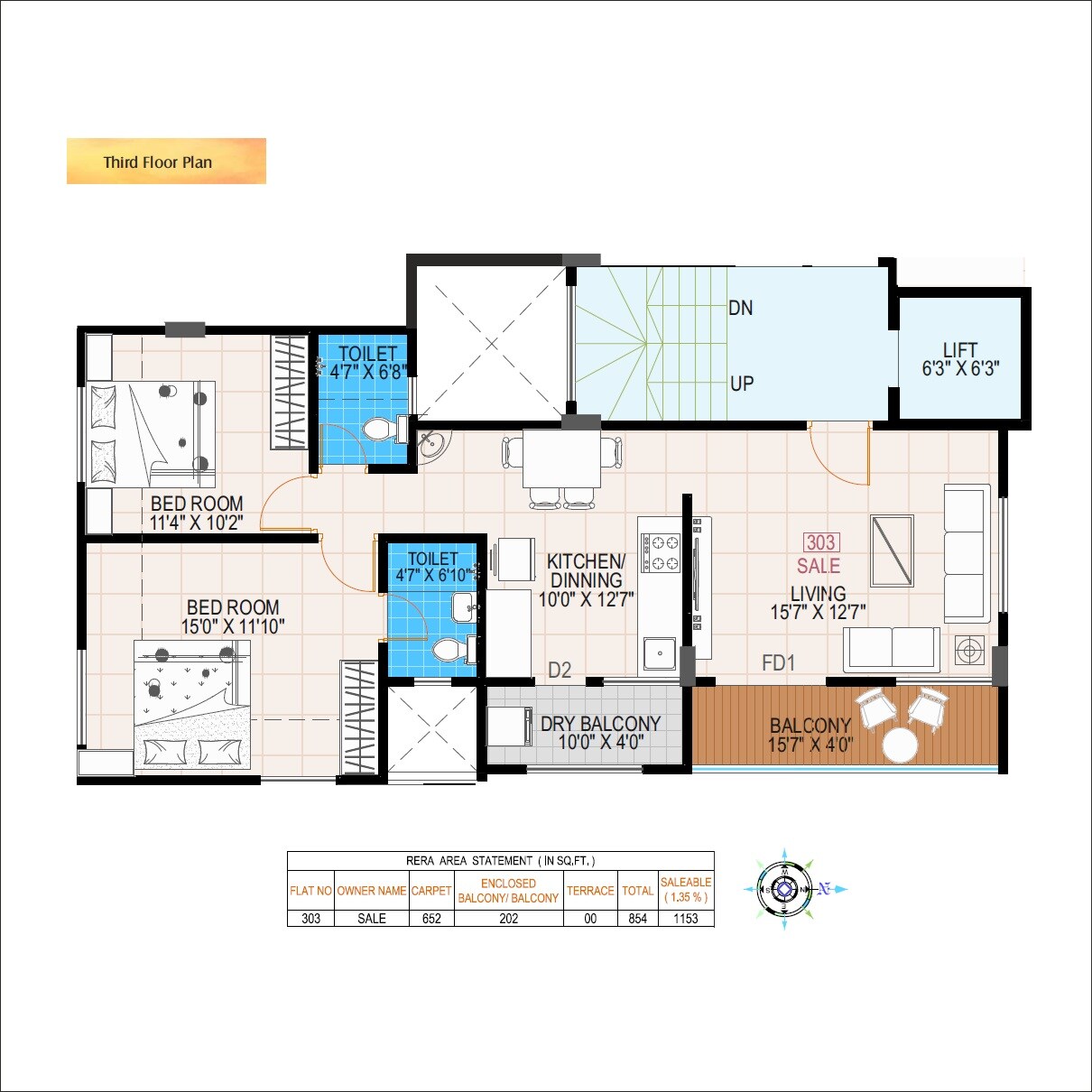 Floor plan of 2 BHK 854 Sq. Ft. Apartment in Ranade Buniyad, Pune