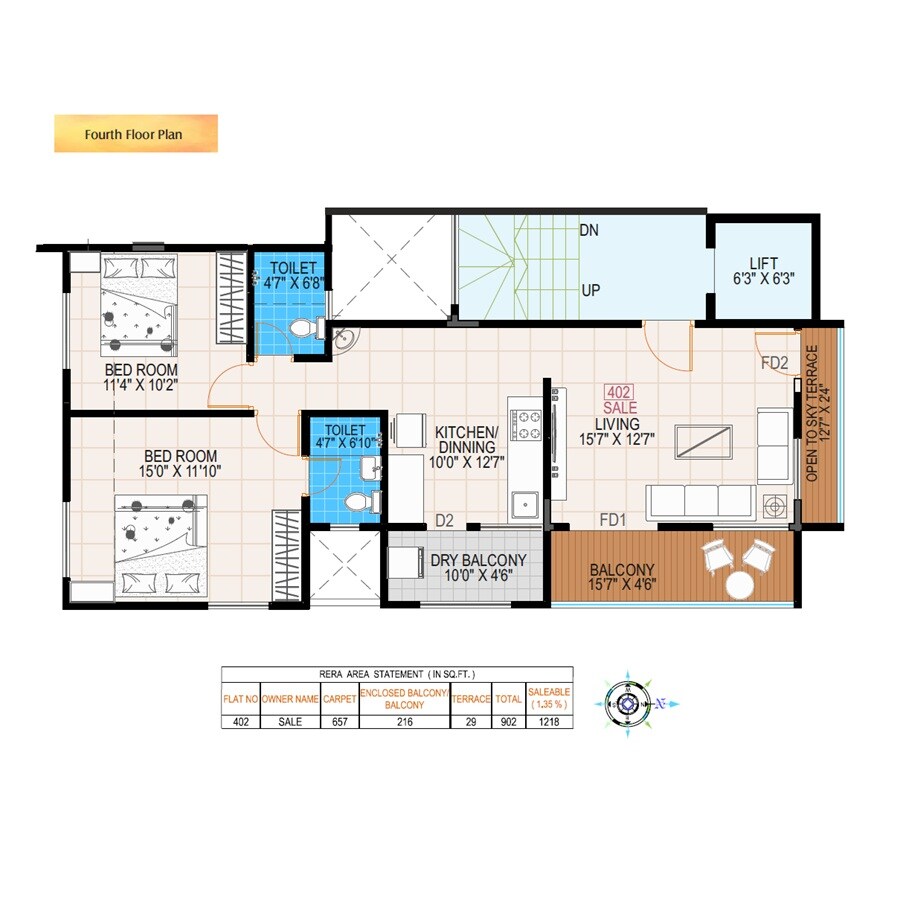 Floor plan of 2 BHK 902 Sq. Ft. Apartment in Ranade Buniyad, Pune