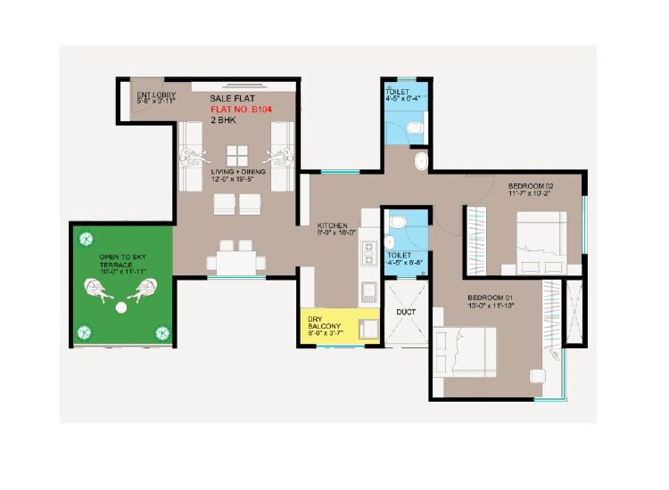 Floor plan of 2 BHK 648 Sq. Ft. Apartment in Ranade Kuldeep, Pune