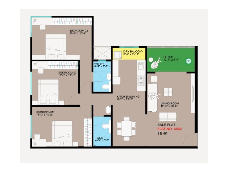 Floor plan of 3 BHK 780 Sq. Ft. Apartment in Ranade Kuldeep, Pune