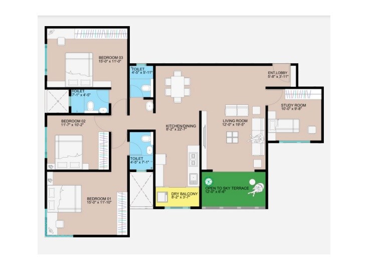Floor plan of 3 BHK 946 Sq. Ft. Apartment in Ranade Kuldeep, Pune